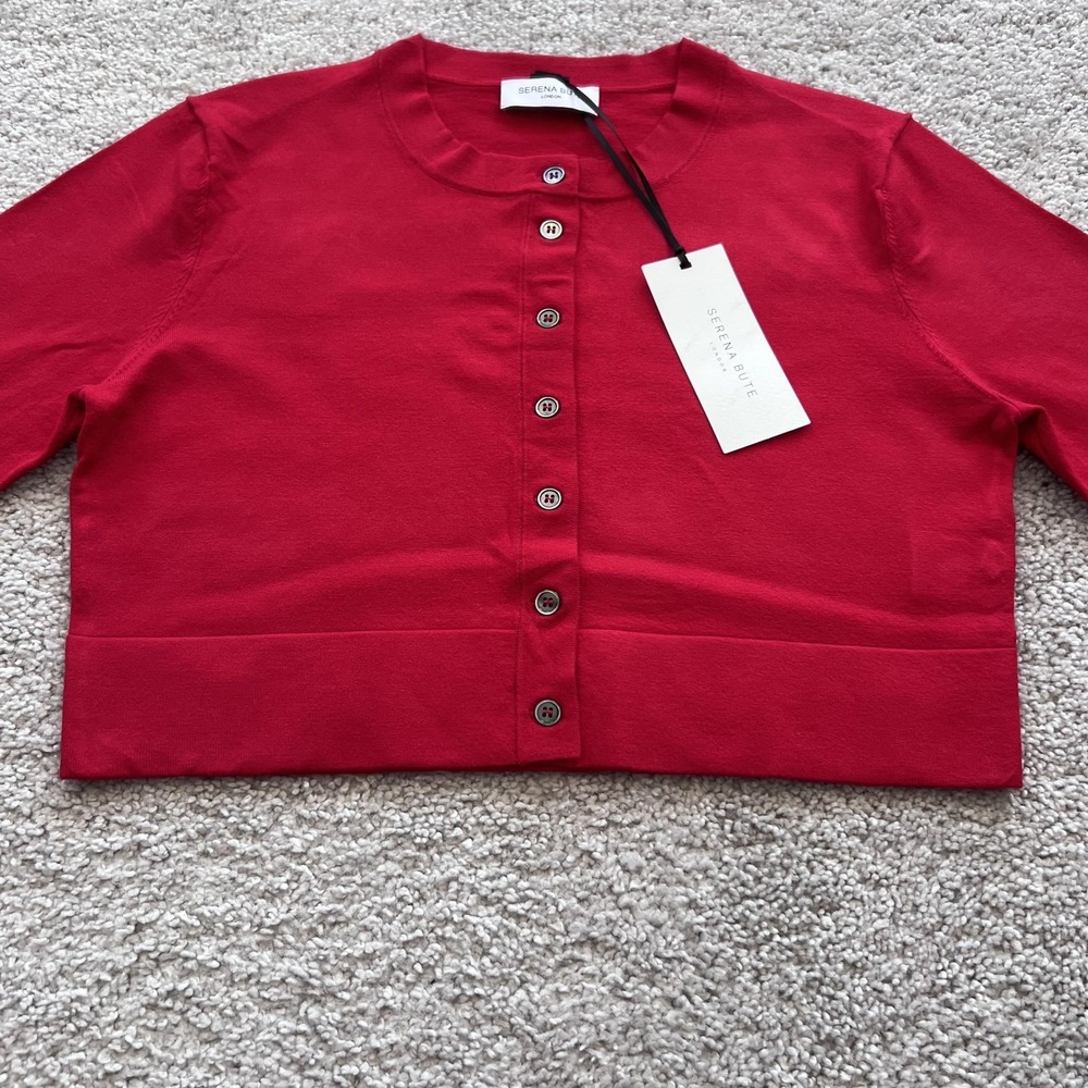 Serena Bute Fitted Cropped Cardigan Sweater Womens M Red Viscose Blend Knit - Picture 3 of 15